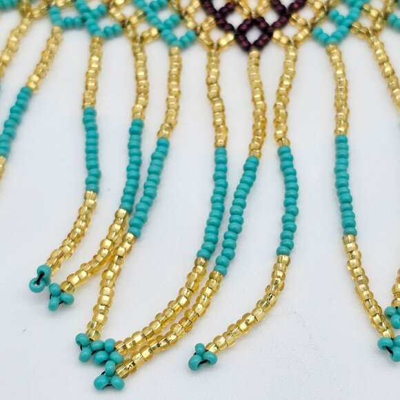 Huichol Beaded Collar Necklace| Handmade Purple, Turquoise & Gold – New from Mex - Picture 13 of 16